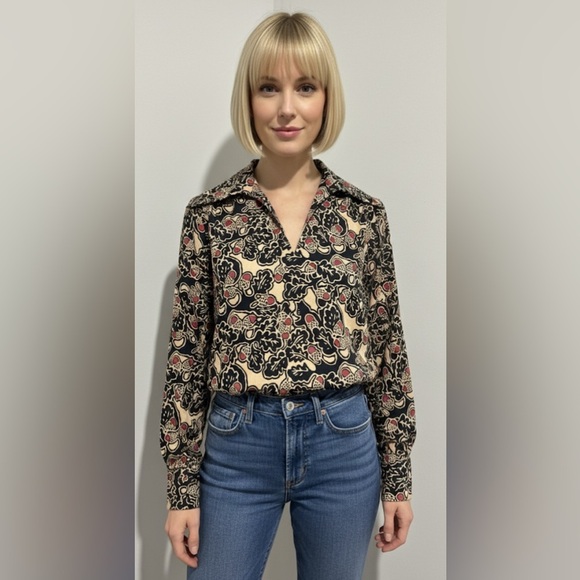 MMT KATJA of SWEDEN Vintage 70s Printed Collared Wool Blouse 10 (fits small) - Picture 1 of 5